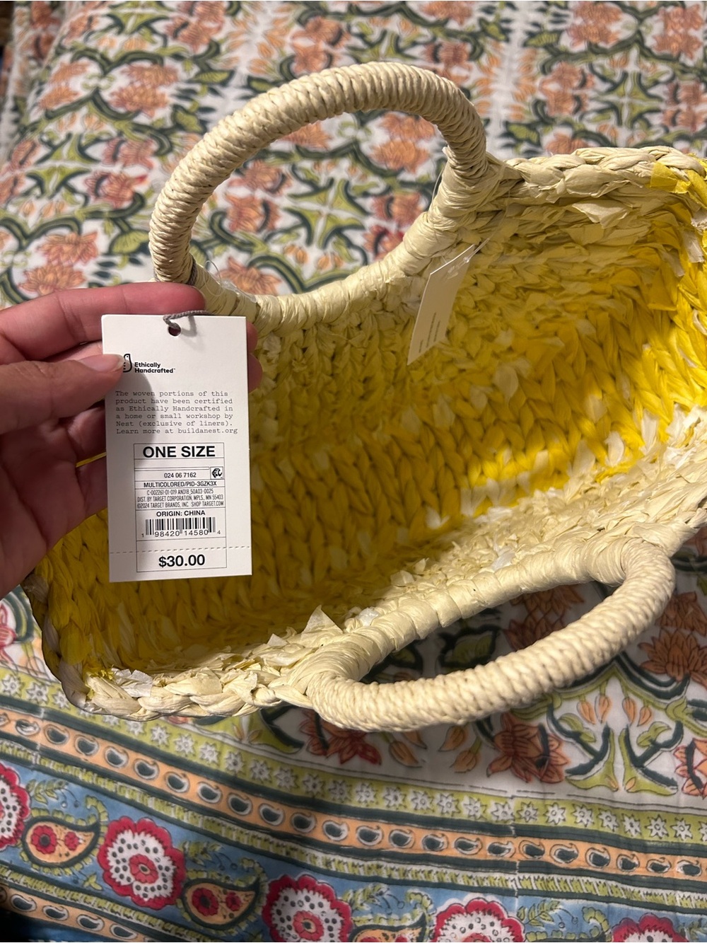 Target Braided Straw Half-Moon Tote with Yellow Trim and Green Scarf - Picture 3 of 4